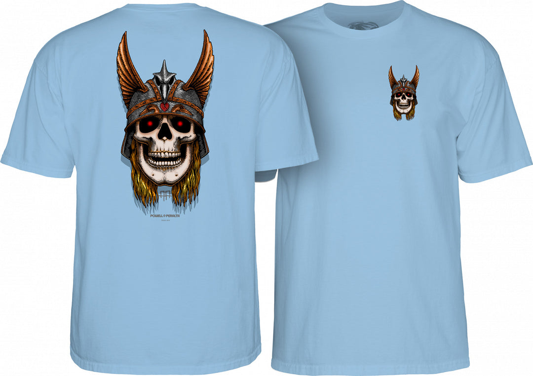 Two black t-shirts with the Powell Peralta Andy Anderson Skull T-Shirt design, featuring a large graphic of a skull with a helmet on the back and a smaller logo on the left chest.