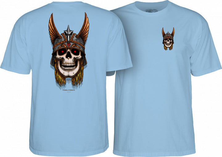 Two black t-shirts with the Powell Peralta Andy Anderson Skull T-Shirt design, featuring a large graphic of a skull with a helmet on the back and a smaller logo on the left chest.