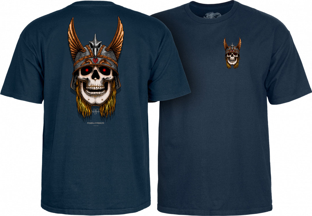 Two black t-shirts with the Powell Peralta Andy Anderson Skull T-Shirt design, featuring a large graphic of a skull with a helmet on the back and a smaller logo on the left chest.