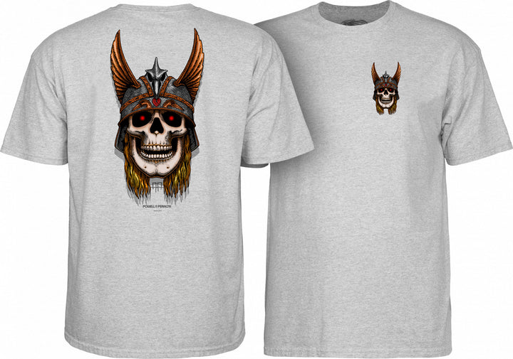 Two black t-shirts with the Powell Peralta Andy Anderson Skull T-Shirt design, featuring a large graphic of a skull with a helmet on the back and a smaller logo on the left chest.