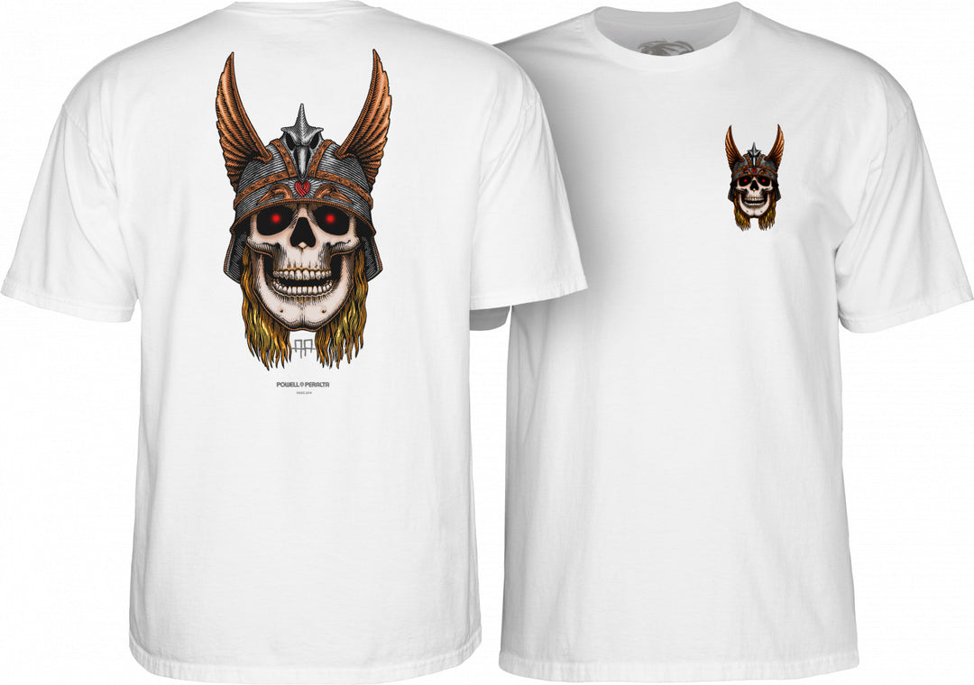 Two black t-shirts with the Powell Peralta Andy Anderson Skull T-Shirt design, featuring a large graphic of a skull with a helmet on the back and a smaller logo on the left chest.