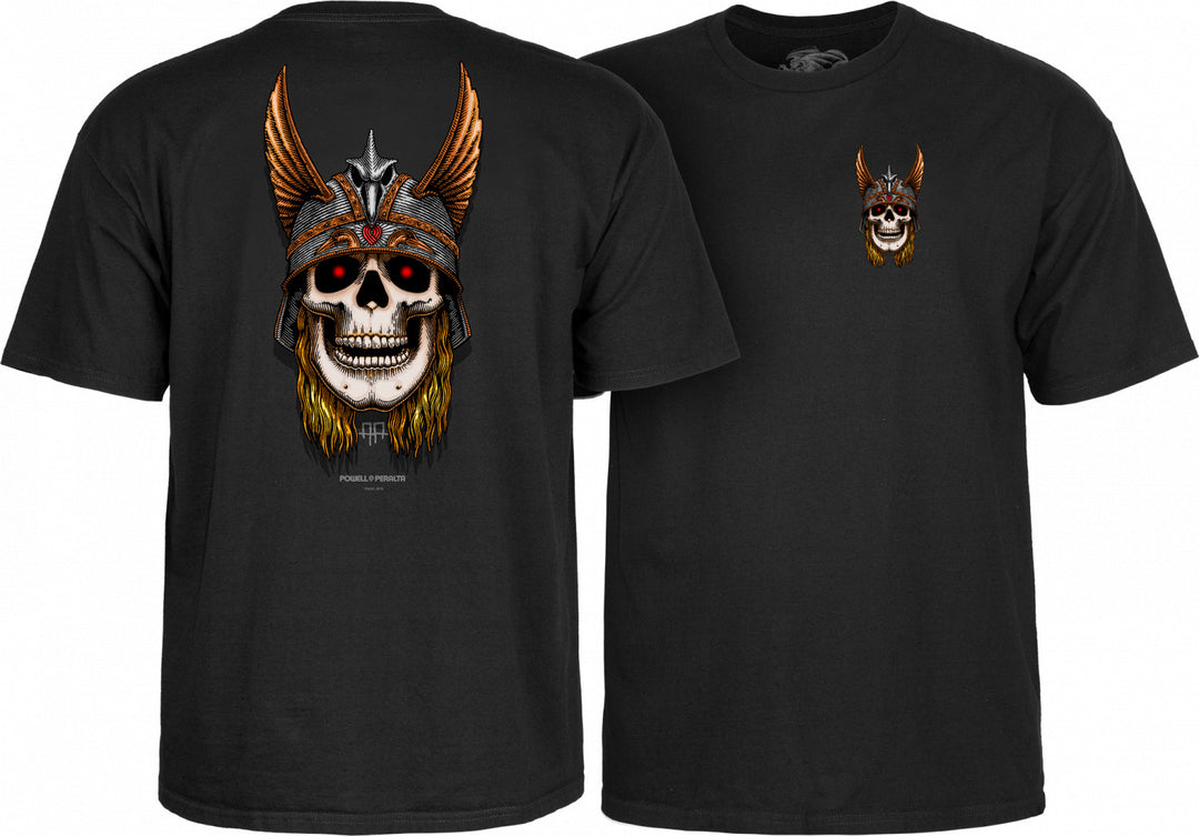 Powell Peralta Andy Anderson Skull black t-shirts showcasing the Powell Peralta Andy Anderson Skull Graphic. One with the graphic on the back featuring a stylized skull design, and the other with a smaller version of the graphic on the left chest.
