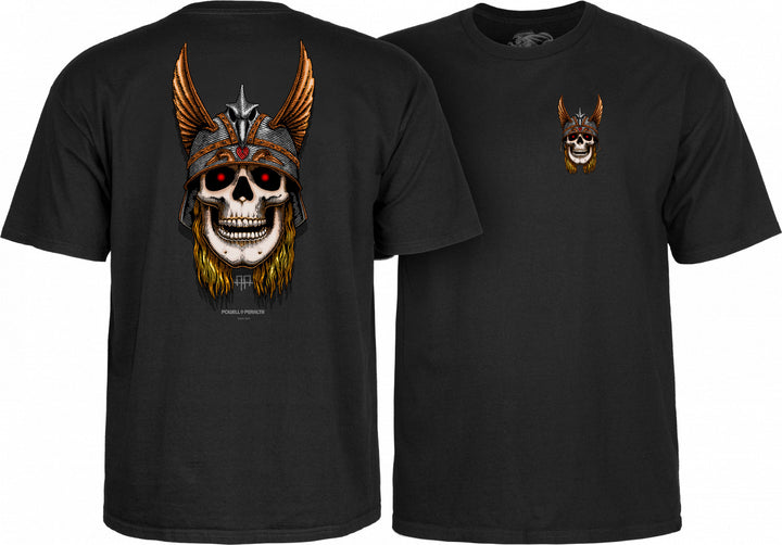 Powell Peralta Andy Anderson Skull black t-shirts showcasing the Powell Peralta Andy Anderson Skull Graphic. One with the graphic on the back featuring a stylized skull design, and the other with a smaller version of the graphic on the left chest.