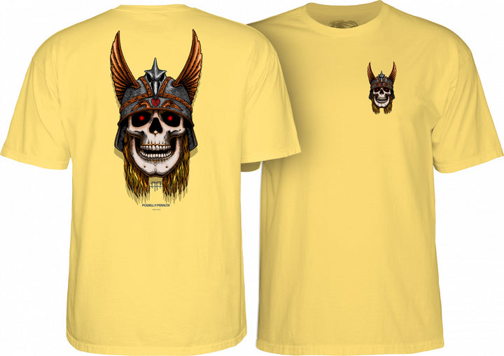 Two black t-shirts with the Powell Peralta Andy Anderson Skull T-Shirt design, featuring a large graphic of a skull with a helmet on the back and a smaller logo on the left chest.