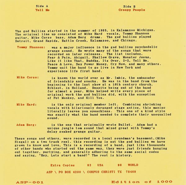 Music God Bullies - Tell Me / Creepy People 7" Test Pressing - TheDarkSlide